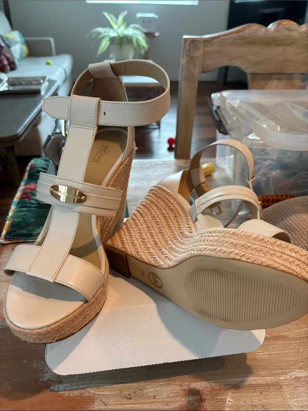 Michael Kors Cream Leather Espadrille Wedge Sandals